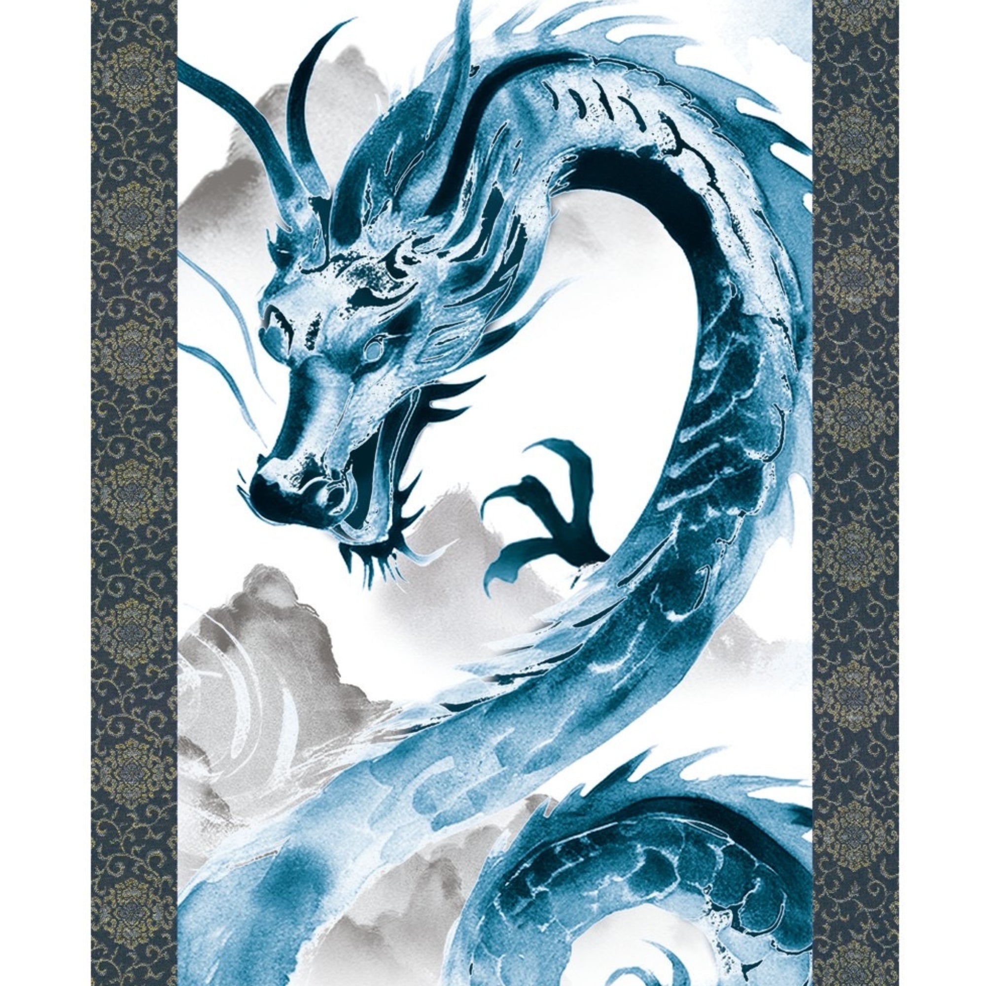 Pergamino colgante de dragón japonés Kakemono – Dragón azul ascendente