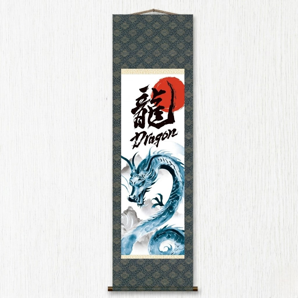 Pergamino colgante de dragón japonés Kakemono – Dragón azul ascendente
