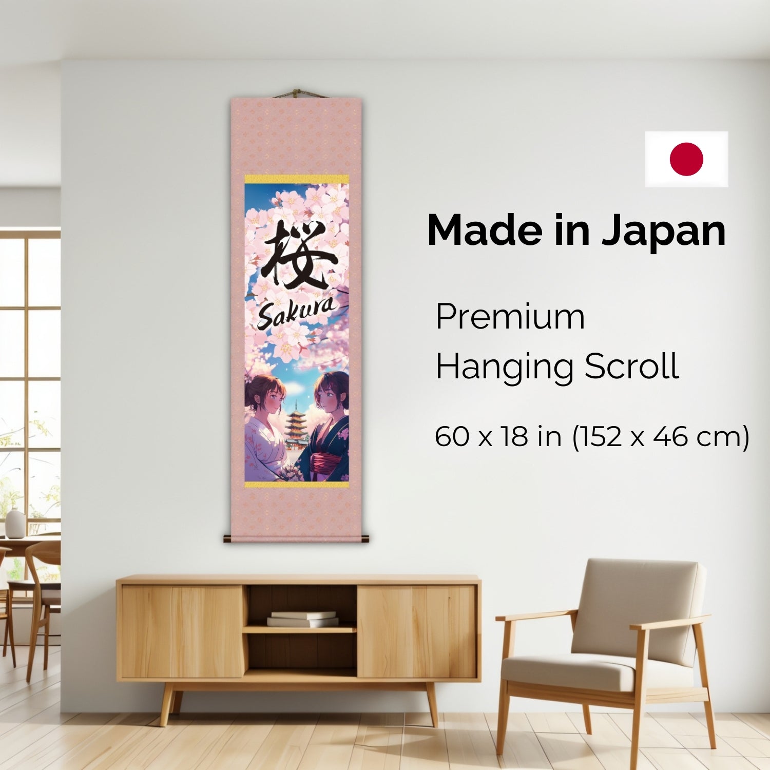 Anime japonés Sakura Kakemono Póster de pared – Mujeres con kimono y pagoda 