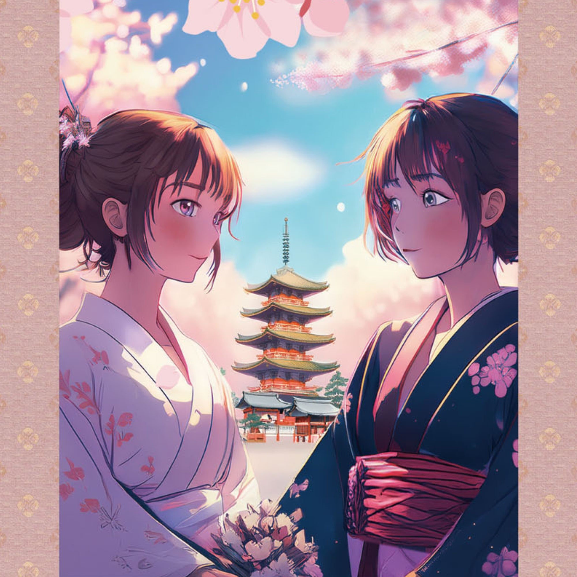 Anime japonés Sakura Kakemono Póster de pared – Mujeres con kimono y pagoda 