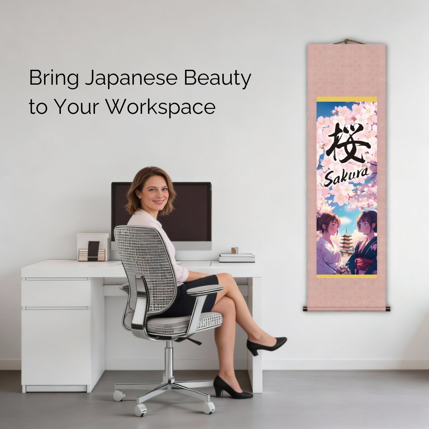 Anime japonés Sakura Kakemono Póster de pared – Mujeres con kimono y pagoda 