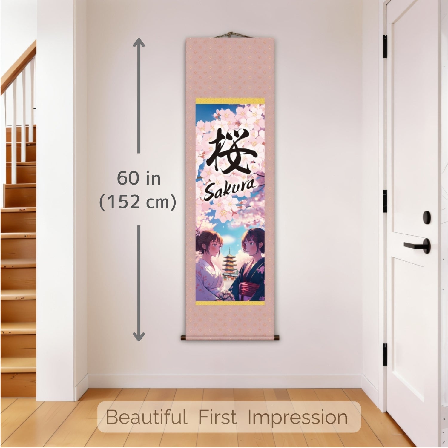 Anime japonés Sakura Kakemono Póster de pared – Mujeres con kimono y pagoda 