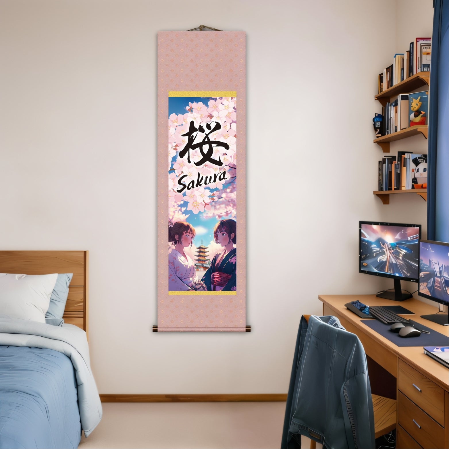 Anime japonés Sakura Kakemono Póster de pared – Mujeres con kimono y pagoda 
